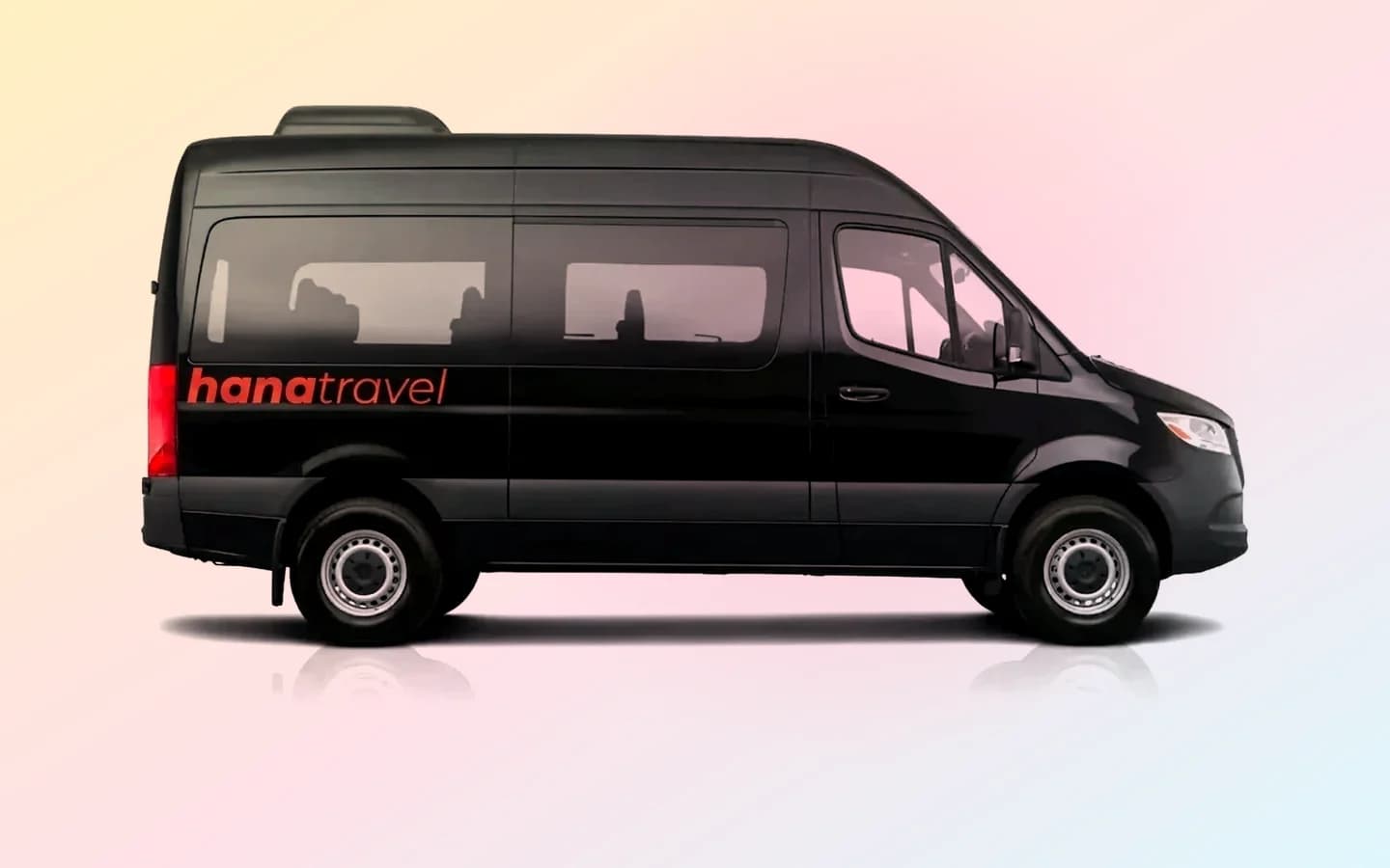 A side profile of a black Mercedes-Benz Sprinter against a plain white background.