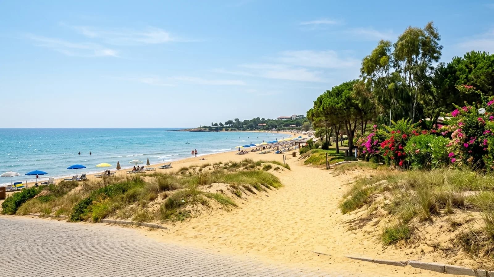Un sentier tranquille longe les dunes de la plage d'Evrenseki près d'une mer calme.