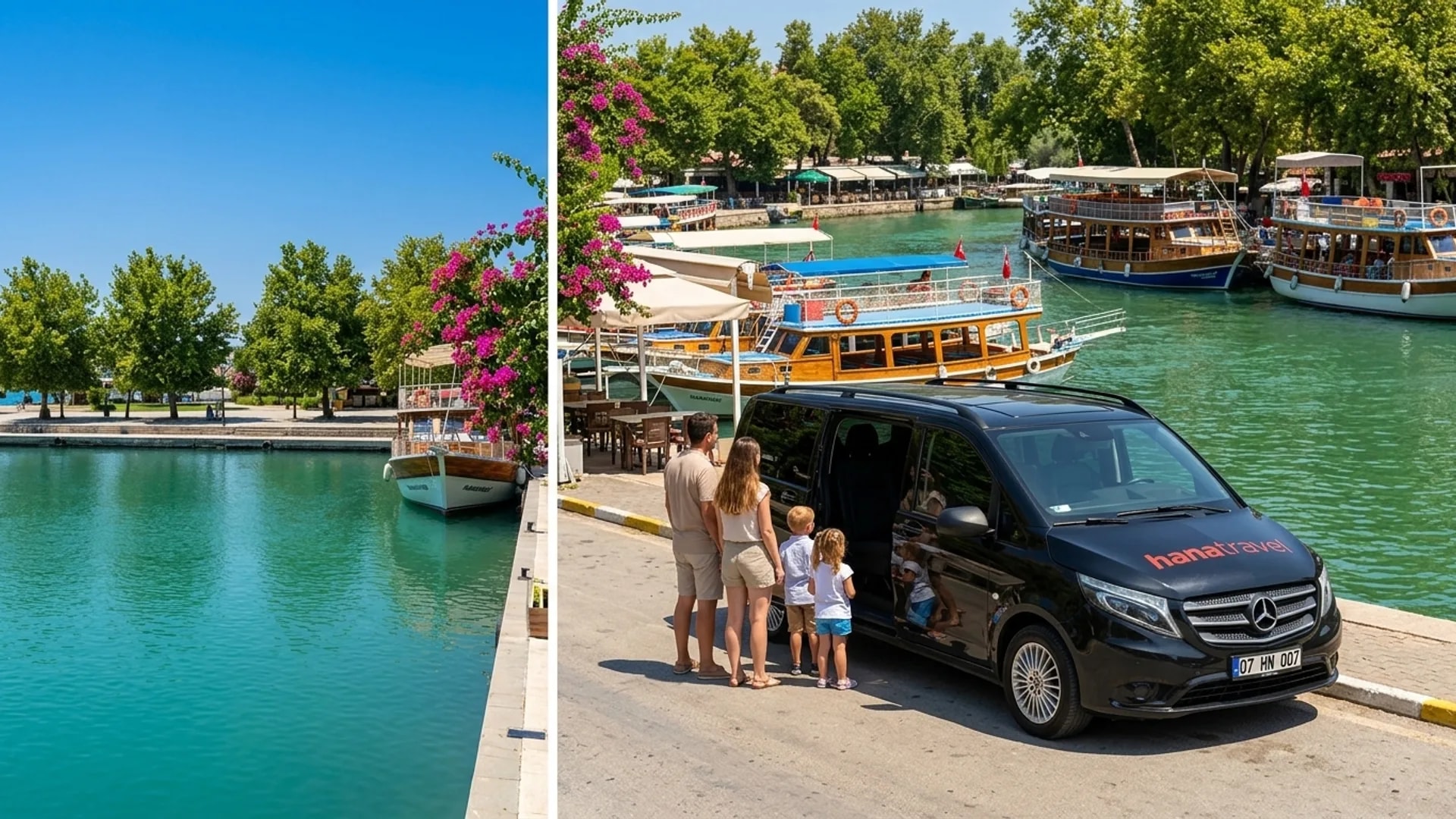 Family beside the black Hana Travel Vito on the bank of the green Manavgat river, colourful excursion boats moored along the quay — Manavgat transfer