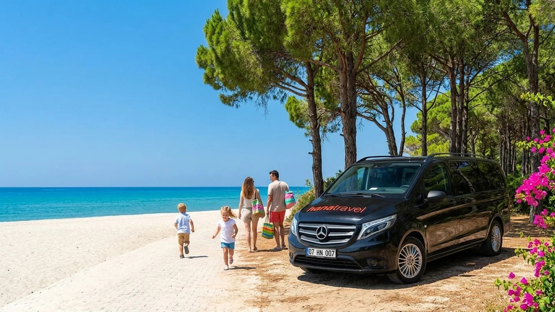 Children running towards the sandy beach of Sorgun through tall pine trees while parents walk from the black Hana Travel Vito — Sorgun transfer