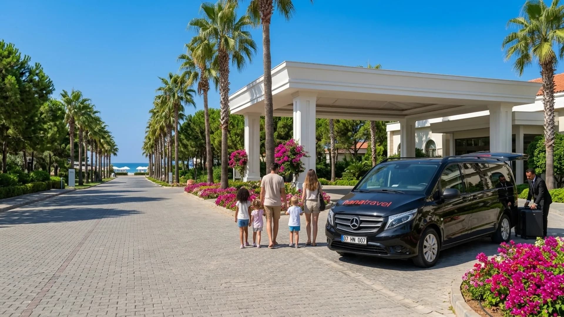 Straight from the runway to the resort gate Family with two children arriving in the black Hana Travel Vito at a palm-lined beach resort in Kumköy, Side — Side hotel transfer